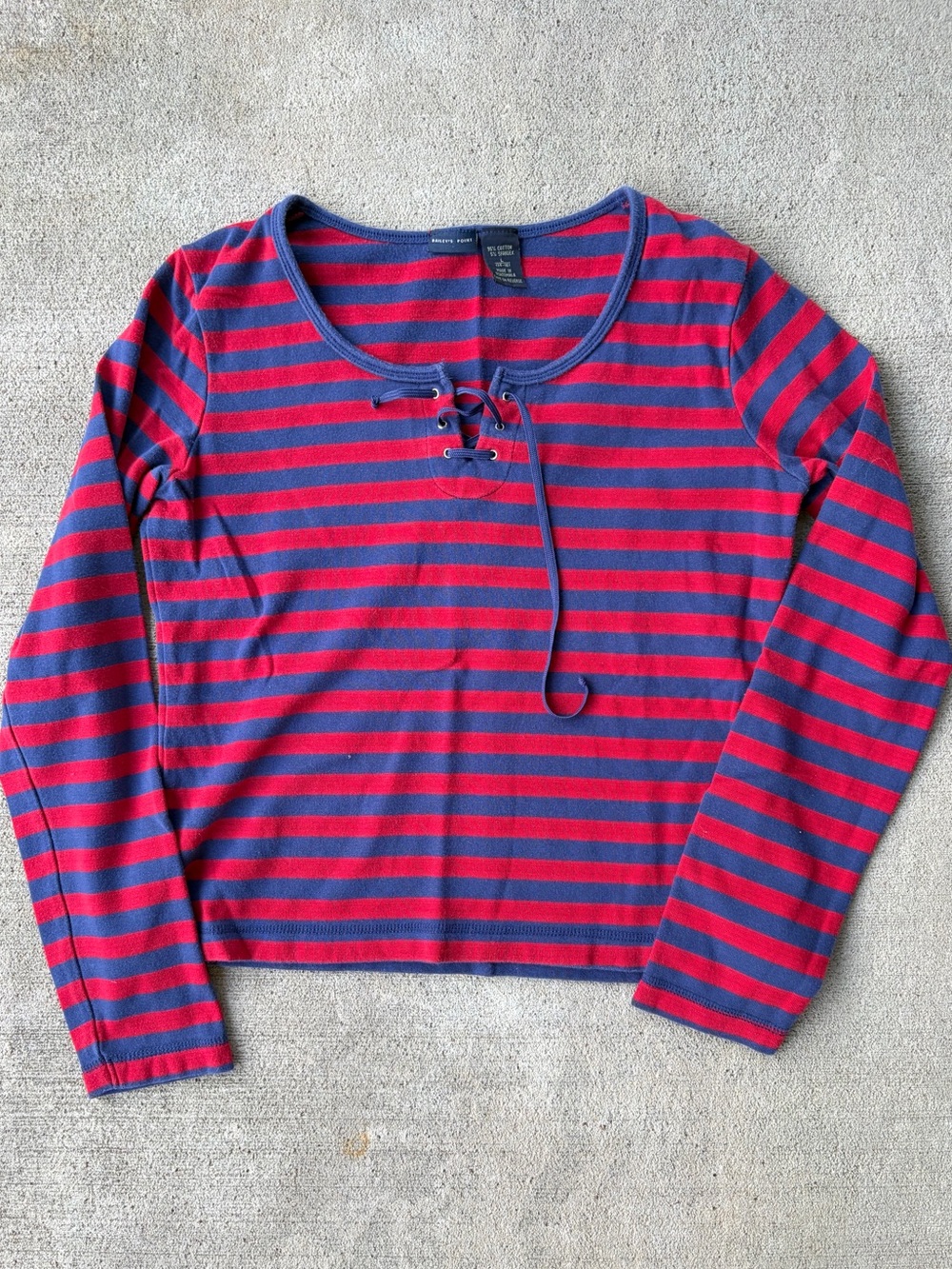 Vintage 90s baileys point red & blue striped lace up long sleeve shirt top fairy